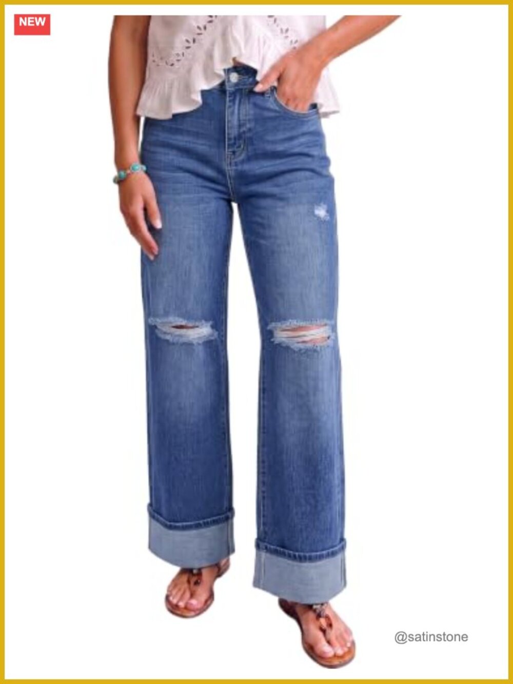 Wide Leg High Waisted Stretchy Ripped Denim Jeans 29 Inseam